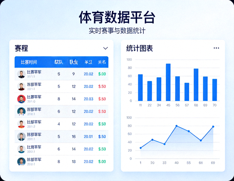 体育数据平台页面结构示意，包含赛程与统计图表展示