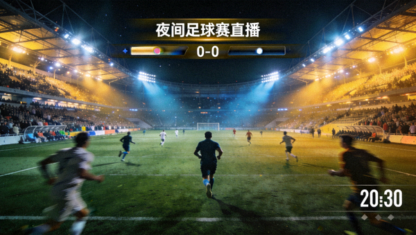 夜间足球场直播画面,看台灯光与球场全景